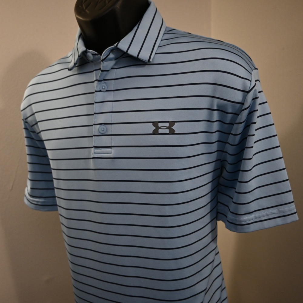 Under Armour‎ Polo Mens Medium Loose Blue Striped Short Sleeve HeatGear Shirt
